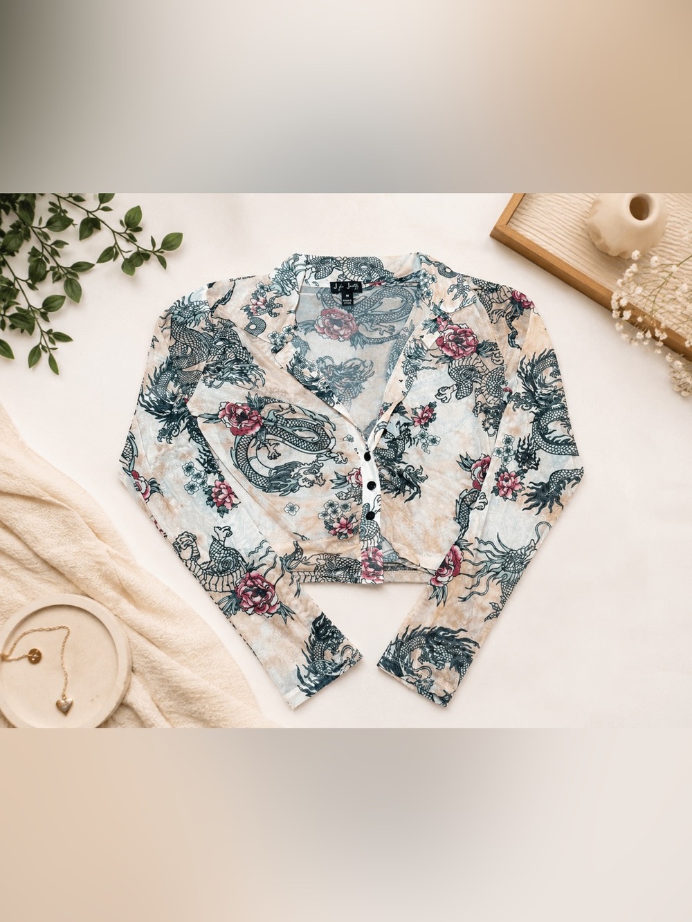 🌹 Dragon Rose Sheer Mesh Top | Y2K Tattoo-Inspired Statement Blouse